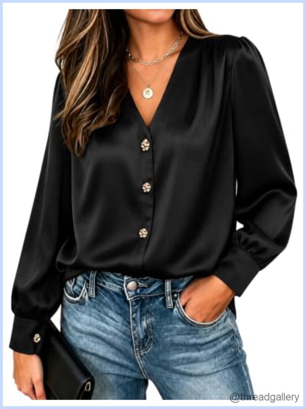 Satin Button Down V Neck Long Sleeve Blouse